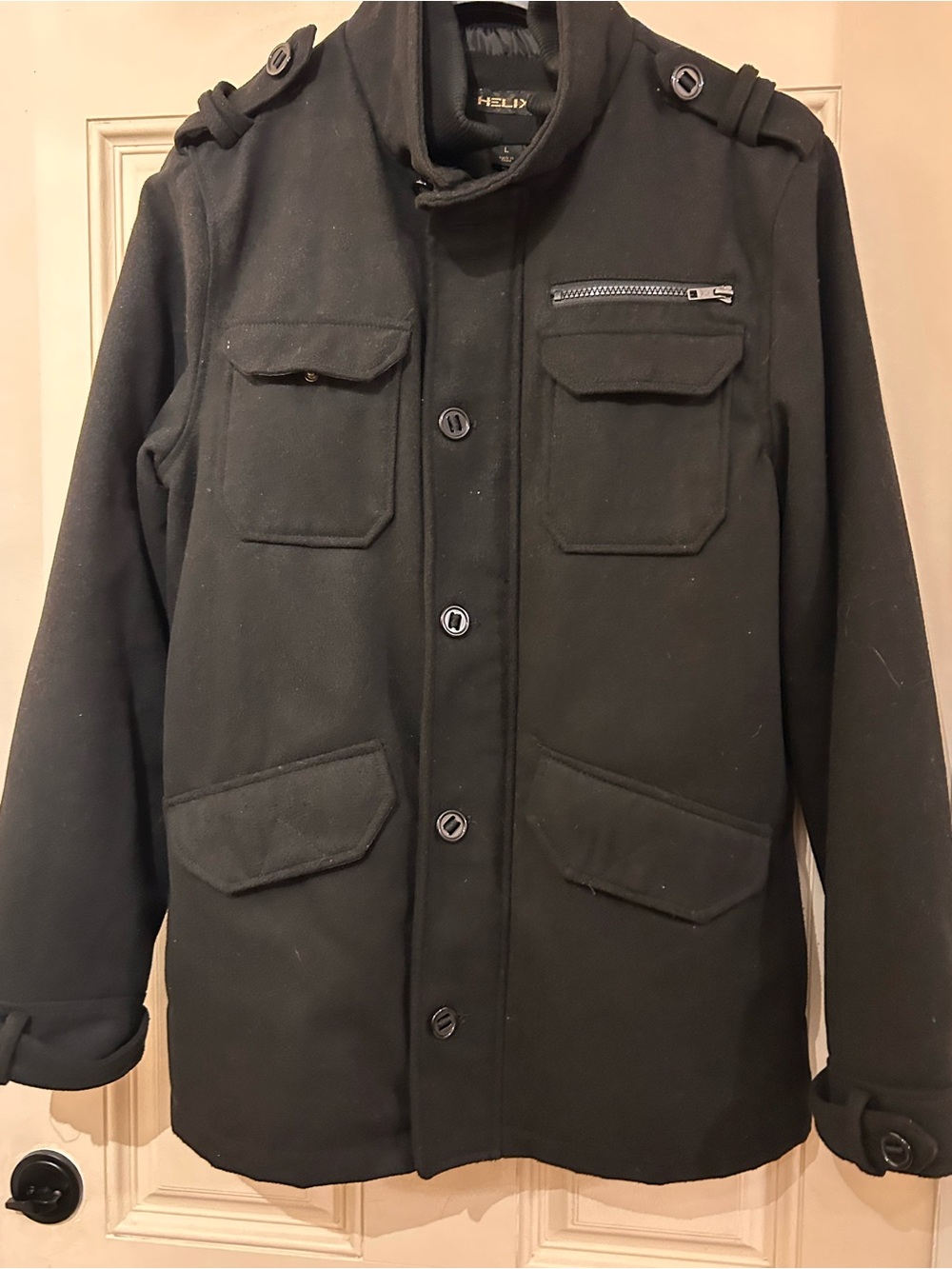 Helix Black Military-Style Pea Coat with Epaulettes